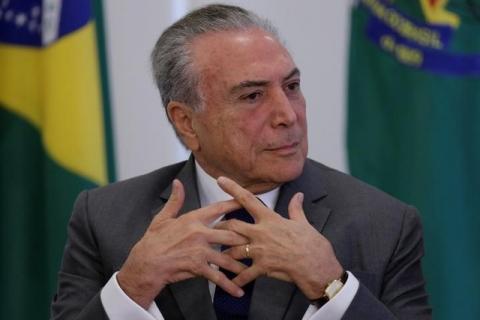 Brazil's President Michel Temer reacts during a ceremony at the Planalto Palace in Brasilia, Brazil, April 12, 2017. PHOTO BY REUTERS/Ueslei Marcelino