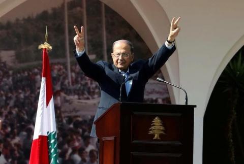 Lebanese President Michel Aoun gestures to his supporters during an event celebrating his presidency, at the presidential palace in Baabda, near Beirut, Lebanon, November 6, 2016. PHOTO BY REUTERS/Mohamed Azakir