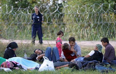 Migrants sit on the field as they were stopped by the Hungarian police after illegally crossing from Serbia to Hungary near the village of Asttohatolom, Hungary, September 16, 2015. PHOTO BY REUTERS/Dado Ruvic