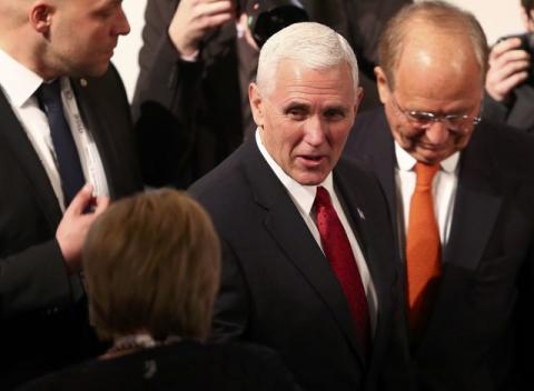 U.S. Vice President Mike Pence speaks to participants in the 53rd Munich Security Conference in Munich, Germany, February 18, 2017. PHOTO BY REUTERS/Michael Dalder
