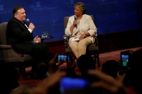 U.S. Secretary of State Mike Pompeo speaks with Heritage Foundation President Kay Coles James after his remarks on the Trump administration's Iran policy at the Heritage Foundation in Washington, May 21, 2018. PHOTO BY REUTERS/Jonathan Ernst