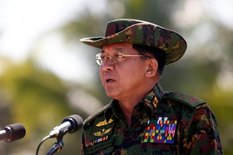 Myanmar military commander-in-chief, Senior General Min Aung Hlaing, attends a military exercise at Ayeyarwaddy delta region in Myanmar, February 3, 2018. PHOTO BY REUTERS/Lynn Bo Bo