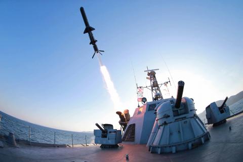 A missile is fired from a naval vessel during the test-firing of a new type of anti-ship cruise missile to be equipped at Korean People's Army (KPA) naval units in this undated photo released by North Korea's Korean Central News Agency (KCNA) in Pyongyang, February 7, 2015. PHOTO BY REUTERS/KCNA