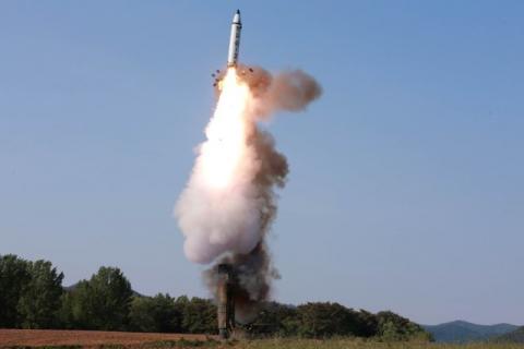 The scene of the intermediate-range ballistic missile Pukguksong-2's launch test. PHOTO BY REUTERS/KCNA