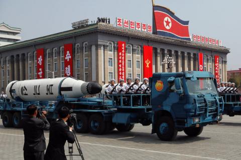 Military vehicles carry missiles with characters reading 'Pukkuksong' during a military parade marking the 105th birth anniversary of country's founding father, Kim Il Sung in Pyongyang, April 15, 2017. PHOTO BY REUTERS/Damir Sagolj