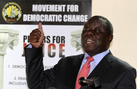Zimbabwe opposition party Movement For Democratic Change (MDC) leader Morgan Tsvangirai addresses a news conference in Harare