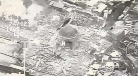 A still image taken from video shows a close up of the the destroyed Grand al-Nuri Mosque of Mosul in Iraq, June 21, 2017. PHOTO BY REUTERS/Iraqi Military Handout