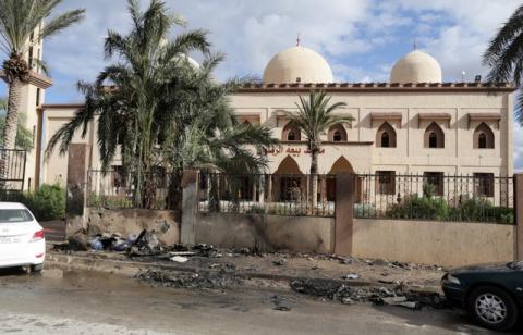 Damaged mosque walls are seen near the site of twin car bombs in Benghazi, Libya, January 24, 2018. PHOTO BY REUTERS/Esam Omran Al-Fetori