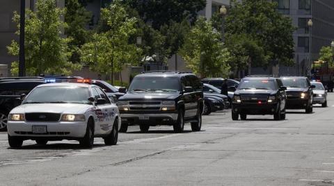 A motorcade believed to be carrying Libyan militia leader Ahmed Abu Khatallah speeds away from the U.S. federal courthouse in Washington
