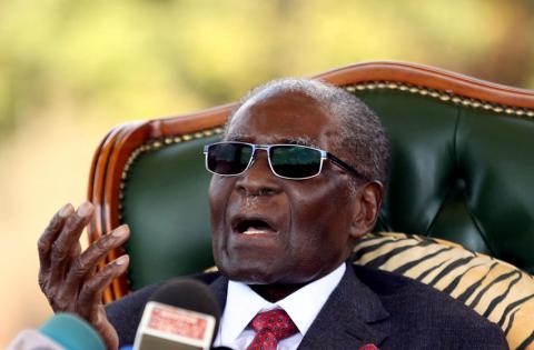 Zimbabwe's former president Robert Mugabe gestures during a news conference at his private residence nicknamed "Blue Roof" in Harare, Zimbabwe, July 29, 2018. PHOTO BY REUTERS/Siphiwe Sibeko
