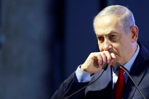 Israeli Prime Minister Benjamin Netanyahu gestures as he speaks during an inauguration ceremony for a fortified emergency room at the Barzilai Medical Center in Ashkelon, southern Israel, February 20, 2018. PHOTO BY REUTERS/Amir Cohen