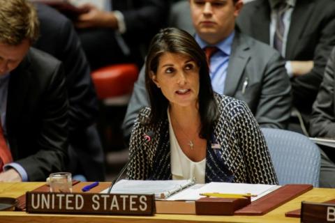 United States Ambassador to the United Nations Nikki Haley speaks during the United Nations Security Council meeting on Syria at the U.N. headquarters in New York, U.S., April 13, 2018. PHOTO BY REUTERS/Eduardo Munoz