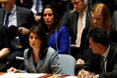 United States Ambassador to the United Nations Nikki Haley addresses the U.N. Security Council on Syria during a meeting of the Council at U.N. headquarters in New York, U.S., March 12, 2018. PHOTO BY REUTERS/Mike Segar