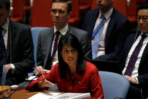 U.S. Ambassador to the United Nations Nikki Haley speaks to the U.N. Security Council as it meets to discuss the recent ballistic missile launch by North Korea at U.N. headquarters in New York, U.S., July 5, 2017. PHOTO BY REUTERS/Mike Segar