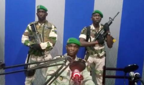 A still image taken from a video posted on January 7, 2019, shows military officers giving a statement from a radio station in Libreville, Gabon. PHOTO BY REUTERS
