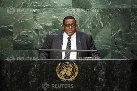 Somalia Prime Minister Omar Abdirashid Ali Sharmarke addresses attendees during the 70th session of the United Nations General Assembly at the U.N. Headquarters in New York, October 1, 2015. PHOTO BY REUTERS/Eduardo Munoz