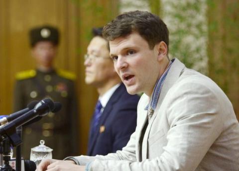 Otto Frederick Warmbier, a University of Virginia student who has been detained in North Korea since early January, attends a news conference in Pyongyang, North Korea, in this photo released by Kyodo February 29, 2016. PHOTO BY REUTERS