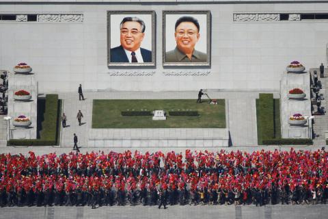 People practice for the expected parade on the main Kim Il-Sung Square in central Pyongyang, North Korea, April 12, 2017. PHOTO BY REUTERS/Damir Sagolj