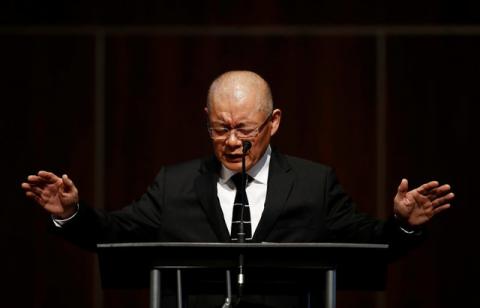Pastor Hyeon Soo Lim, who returned to Canada from North Korea after the DPRK released Lim on August 9, after being held for 31 months, offers benediction at the Light Presbyterian Church in Mississauga, Ontario, Canada, August 13, 2017. PHOTO BY REUTERS/Mark Blinch