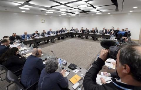 The opening of a new round of peace talks on Syria between the Syrian government representatives and the UN Special Envoy of the Secretary-General for Syria at the United Nations Office in Geneva, March 21, 2016. PHOTO BY REUTERS/Fabrice Coffrini