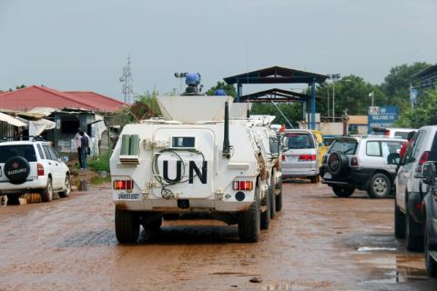 Chinese Peacekeepers in the United Nations Mission to South Sudan (UNMISS) ride in their armoured personnel carriers (APC) as they wait in the queue to enter their base in Juba, South Sudan, August 1, 2017. PHOTO BY REUTERS/Samir Bol