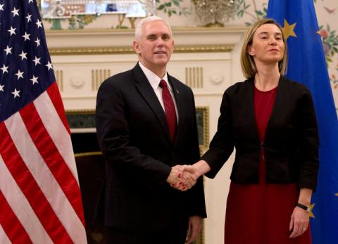 U.S. Vice President Mike Pence poses with European Union foreign policy chief Federica Mogherini in Brussels, Belgium, February 20, 2017. PHOTO BY REUTERS/Virginia Mayo
