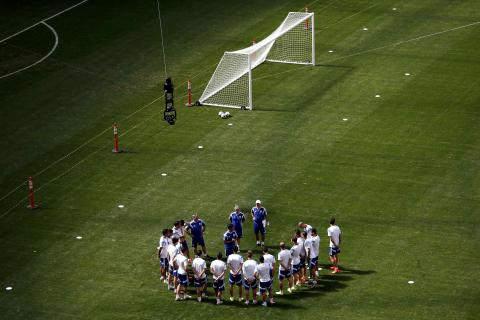 Argentina soccer players attend a team training session at the national stadium in Brasilia ahead of their 2014 World Cup quarter-final soccer match against Belgium