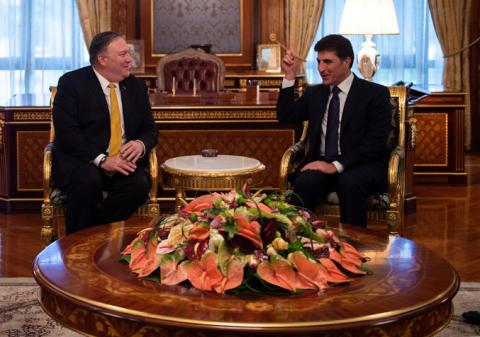 US Secretary of State Mike Pompeo (L) meets with Nechirvan Barzani, outgoing Prime Minister of Iraq's autonomous Kurdistan Regional Government, in Erbil, Iraq, January 9, 2019. PHOTO BY REUTERS/Andrew Caballero-Reynolds