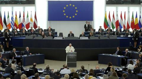 Pope Francis delivers his speech at the European Parliament in Strasbourg, during a short visit at the European Parliament and the Council of Europe, eastern France, November 25, 2014. PHOTO BY REUTERS/Remy de la Mauviniere