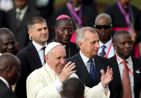Pope Francis gestures as he arrives in Nairobi, Kenya, November 25, 2015. PHOTO BY REUTERS/Goran Tomasevic