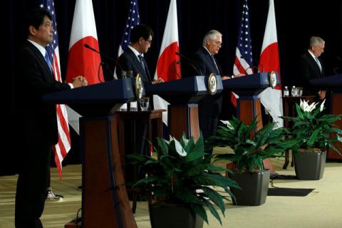 Japan's Defense Minister Itsunori Onodera (L-R), Japan's Foreign Minister Taro Kono, U.S. Secretary of State Rex Tillerson and U.S. Defense Secretary James Mattis hold a news conference after their U.S.-Japan Security talks at the State Department in Washington, U.S., August 17, 2017. PHOTO BY REUTERS/Jonathan Ernst