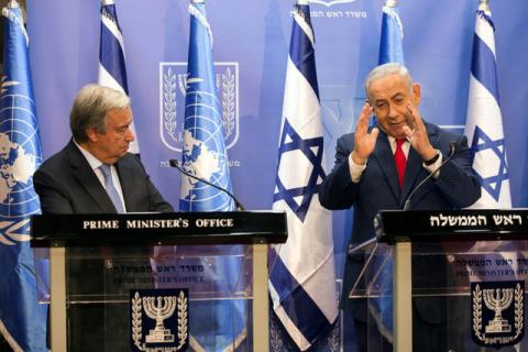 Israeli Prime Minister Benjamin Netanyahu (R) gestures as he delivers a joint statement with U.N. Secretary General Antonio Guterres in Jerusalem, August 28, 2017. PHOTO BY REUTERS/Heidi Levine