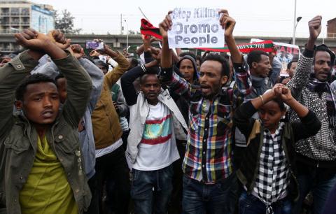 Protesters chant slogans during a demonstration over what they say is unfair distribution of wealth in the country at Meskel Square in Ethiopia's capital Addis Ababa, August 6, 2016. PHOTO BY REUTERS/Tiksa Negeri