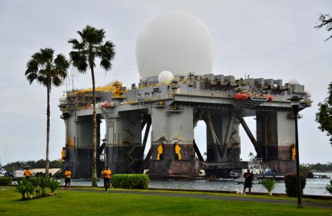 The Sea-based, X-band Radar (SBX 1), a combination of the world's largest phased-array X-band radar carried aboard a mobile, ocean-going semi-submersible oil platform, transits the waters of Joint Base Pearl Harbor-Hickam, Hawaii, U.S., March 22, 2013. PHOTO BY REUTERS/Courtesy Daniel Barker/U.S. Navy