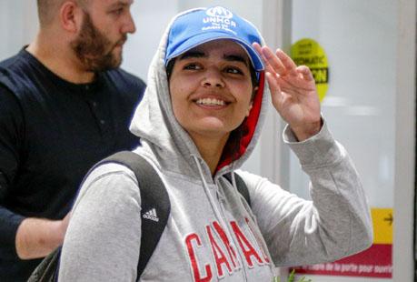 Rahaf Mohammed al-Qunun, an 18-year-old Saudi woman who fled her family, arrives at Toronto Pearson International Airport in Toronto, Ontario, Canada, January 12, 2019. PHOTO BY REUTERS/Carlos Osorio