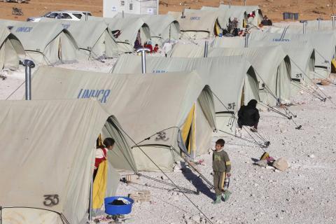 A general view shows tents set up by the U.N. for Syrian refugees at the Lebanese border town of Arsal, in the eastern Bekaa Valley