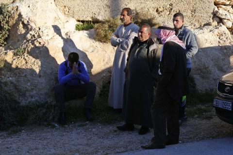 Relatives of the Jordanian pilot who was captured by the forces of the Islamic State after his plane was shot down with an anti-aircraft missile near Raqa city, congregate in front of his family's home in the city of Karak, December 24, 2014. PHOTO BY REUTERS/Muhammad Hamed