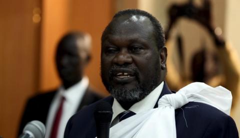 South Sudan's opposition leader Riek Machar speaks during a briefing ahead of his return to South Sudan as vice president, in Ethiopia's capital Addis Ababa, April 9, 2016. PHOTO BY REUTERS/Tiksa Negeri