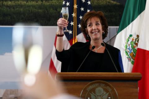 U.S. Ambassador to Mexico Roberta S. Jacobson raises her glass in a toast as she attends a ceremony to place the first stone of the new U.S. Embassy in Mexico City, Mexico, February 13, 2018. PHOTO BY REUTERS/Edgard Garrido