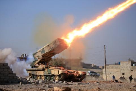 Iraqi army launch a rocket towards Islamic State militants during a battle with Islamic State militants near Ghozlani military complex, south of Mosul, Iraq, February 23, 2017. PHOTO BY REUTERS/Alaa Al-Marjani