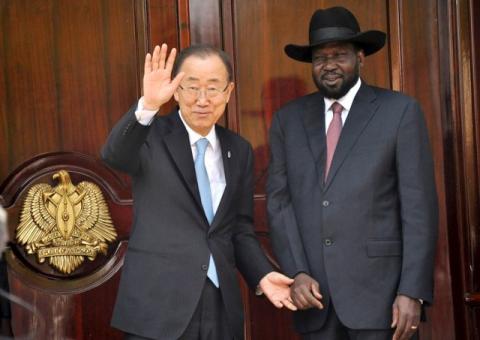 United Nations Secretary-General Ban Ki-moon waves next to South Sudan's President Salva Kiir in the capital Juba February 25, 2016. PHOTO BY REUTERS/Jok Solomon