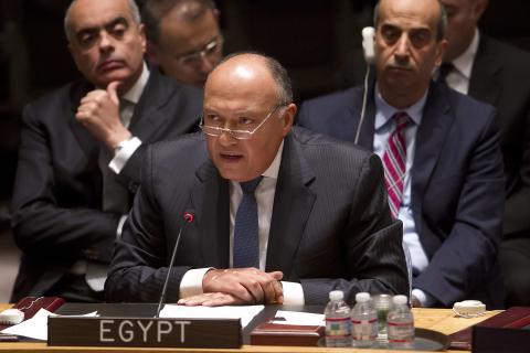 Egyptian Foreign Minister Sameh Shoukry speaks during a United Nations Security Council meeting about the situation in Libya in the Manhattan borough of New York, February 18, 2015. PHOTO BY REUTERS/Carlo Allegri