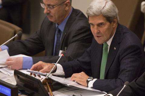 Secretary of State John Kerry speaks during a meeting of the Ad Hoc Committee for the coordination mechanism for development assistance to the Palestinian people