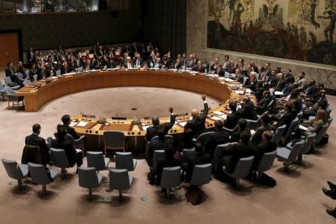 U.S. Secretary of the Treasury Jack Lew (center right) chairs a meeting of the United Nations Security Council where Finance ministers of United Nations Security Council's member countries voted to approve a resolution to cut funding for Islamic State at U.N. headquarters in New York, December 17, 2015. PHOTO BY REUTERS/Mike Segar
