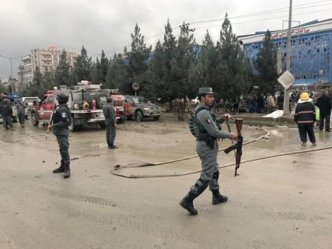 Afghan secuirty forces are seen at the site of an explosion near a gathering of supporters of regional leader Atta Mohammad Noor, in Kabul, Afghanistan, November 16, 2017. PHOTO BY REUTERS/Mohammad Ismail