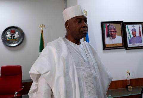 Nigeria's Senate President Bukola Saraki speaks in his office in Abuja, Nigeria, after senators defected from President Buhari's ruling All Progressives Congress, July 24, 2018. PHOTO BY REUTERS/Paul Carsten
