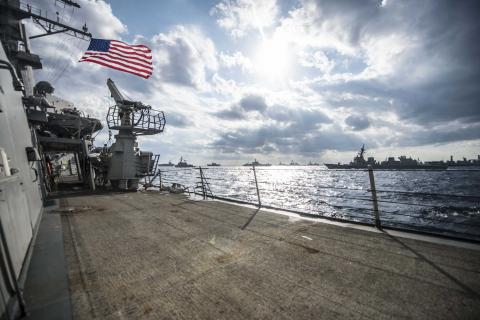 U.S. Navy and Japan Maritime Self-Defense Force ships steam in formation during their military manoeuvre exercise known as Keen Sword 15 in the sea south of Japan, November 19, 2014. PHOTO BY REUTERS/Mass Communication Specialist 3rd Class Bradley J. Gee