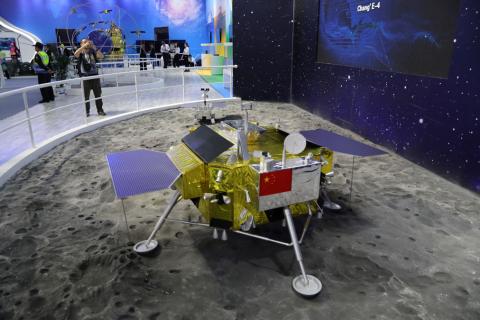 A model of the moon lander for China's Chang'e 4 lunar probe is displayed at the China International Aviation and Aerospace Exhibition, or Zhuhai Airshow, in Zhuhai, Guangdong province, China, November 6, 2018. PHOTO BY REUTERS/Wang Xu/China Space News