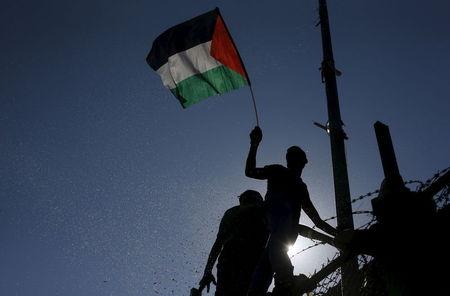 A spectator waves a Palestinian flag during the first leg of the Palestine Cup final soccer match between Gaza Strip's Shejaia and Hebron's Al-Ahly at al-Yarmouk stadium in Gaza City, August 6, 2015. PHOTO BY REUTERS/Mohammed Salem