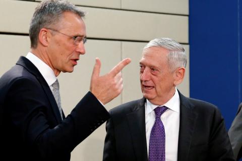 NATO Secretary-General Jens Stoltenberg and U.S. Secretary of Defence Jim Mattis attend a NATO defence ministers meeting at the Alliance headquarters in Brussels, Belgium, February 15, 2018. PHOTO BY REUTERS/Francois Lenoir